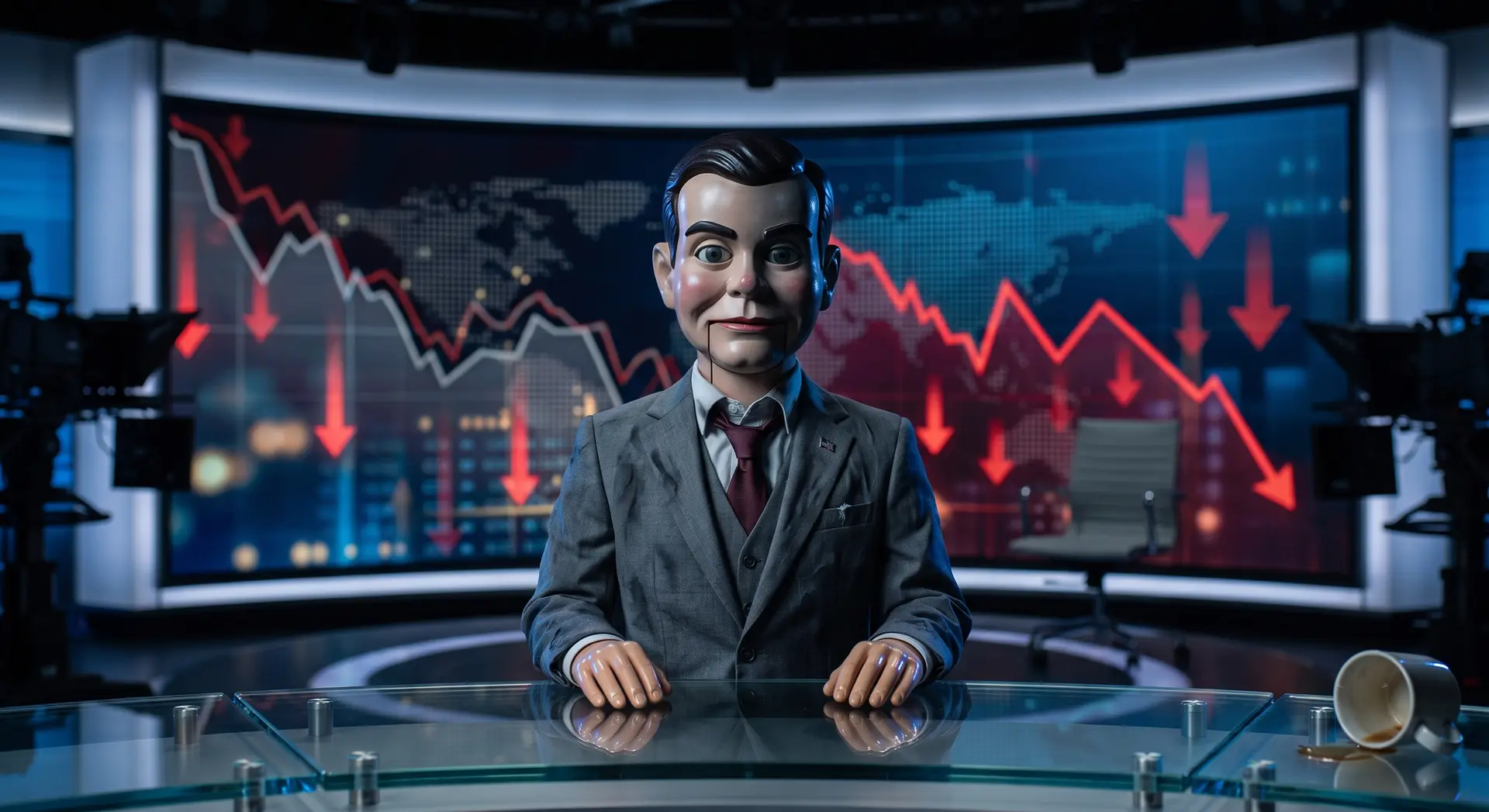 The same anchor on a darkened set, in front of a video wall of falling red charts, a coffee cup spilled across the desk